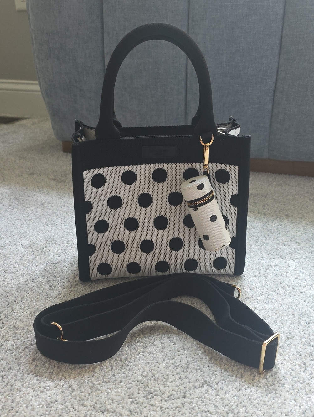 Kate Spade Target Black & White Polka Dot Mini Tote Bag with Lip Gloss Charm